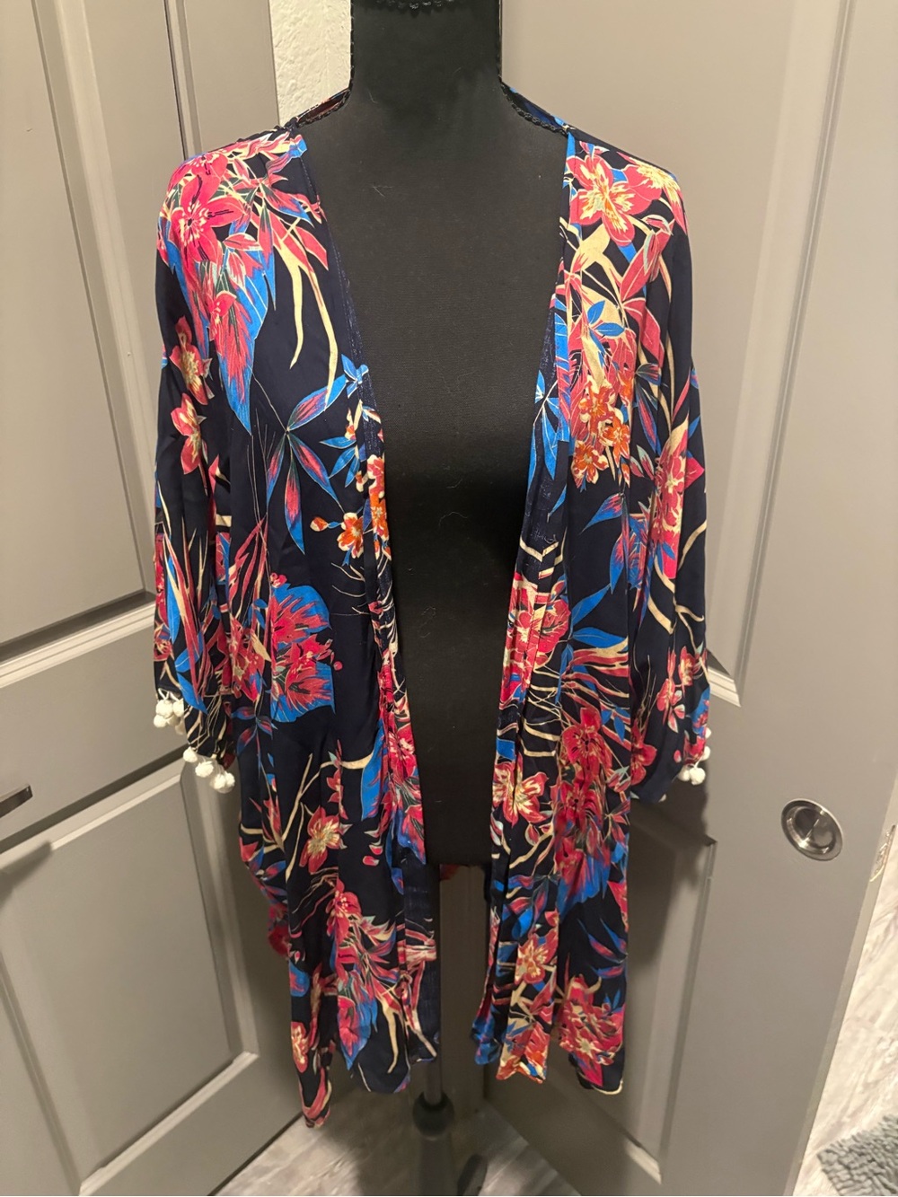 Umgee Navy Floral Open-Front Swim Coverup with Pom Trim